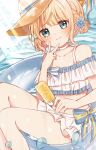  1girl \||/ absurdres alternate_costume alternate_hairstyle bare_shoulders bikini blue_flower blunt_bangs blush braid brown_hat choker closed_mouth collarbone commentary day double_bun feet_out_of_frame flower food frilled_bikini frills gochuumon_wa_usagi_desu_ka? hair_bun hair_flower hair_ornament hand_up hat highres holding holding_food holding_popsicle kirima_syaro knees_up llatteowo long_hair midriff off-shoulder_bikini off_shoulder outdoors popsicle ruffle_bikini short_hair side_braid sidelocks sitting smile solo sun_hat sunlight swim_ring swimsuit thighs very_long_hair water water_drop wet white_bikini white_choker 