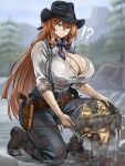  1girl alternate_costume belt bikini blush boots breasts brown_hair cleavage commentary cowboy_boots cowboy_hat cowboy_western cowgirl_(western) curvy english_commentary girls'_frontline gold_bikini gold_panning golden_week green_eyes gun hair_between_eyes hair_ribbon handgun hat highres holding holster huge_breasts large_breasts long_hair outdoors pants revolver ribbon satin_bikini shiny_swimsuit shirt shirt_tucked_in sidelocks slavsegger sleeves_rolled_up solo springfield_(girls'_frontline) string_bikini swimsuit unworn_bikini weapon white_shirt 