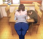  1boy 1girl aibanwork ass ayano_(the_married_woman_nextdoor_2) bent_over bra_strap brown_hair chair denim from_behind game_asset grey_sweater highres husband_and_wife indoors jeans non-web_source off-shoulder_sweater off_shoulder official_art on_chair pants self-datamine shirt short_sleeves sleeping standing sweater the_married_woman_nextdoor_2_-_creampie_sex_beside_her_husband wooden_chair wooden_floor 