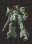  absurdres cable commentary glowing glowing_eye grid_background gun gundam gundam_0083 highres holding holding_weapon ke_yukikaze machine_gun mecha mecha_focus mobile_suit mobile_suit_gundam no_humans one-eyed original radio_antenna red_eyes redesign robot science_fiction shield shoulder_spikes solo spikes unfinished weapon zaku_ii zaku_ii_f2 zeon 