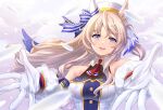  1girl absurdres animal_ears ascot bare_shoulders blonde_hair blue_eyes blush breasts commentary_request detached_sleeves dress ear_covers feathers gloves hair_between_eyes hat highres horse_ears horse_girl long_hair looking_at_viewer open_mouth outstretched_arms reaching reaching_towards_viewer red_ascot revision single_ear_cover sky smile solo tawashi_hechima umamusume upper_body victoire_pisa_(lueur_angelique)_(umamusume) victoire_pisa_(umamusume) white_dress white_gloves 