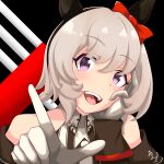  1girl animal_ears bare_shoulders black_hairband blush bow coat commentary_request curren_chan_(fille_eclair)_(umamusume) curren_chan_(umamusume) dress ear_bow ear_covers gloves grey_hair hairband hand_on_own_cheek hand_on_own_face head_rest highres horse_ears horse_girl long_sleeves looking_at_viewer off-shoulder_coat off-shoulder_dress off-shoulder_jacket off_shoulder open_mouth purple_eyes red_bow short_hair smile solo striped_clothes striped_dress teeth umamusume upper_body upper_teeth_only vertical-striped_clothes vertical-striped_dress white_gloves ys_0929 
