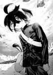  1boy absurdres alternate_costume chimecho closed_mouth crossed_bangs day gakuran greyscale hair_between_eyes hairband highres jacket long_sleeves male_focus mole mole_on_neck monochrome multicolored_hair outdoors parted_lips pokemon pokemon_(creature) pokemon_scarlet_and_violet sa_(gtep5825) school_uniform sentret sky sparkle yanma 