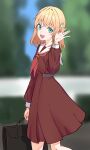  1girl :d \||/ aqua_eyes asueli_ex blurry blurry_background briefcase brown_dress commentary crossed_bangs dress feet_out_of_frame hair_intakes hair_ornament hasu_no_sora_school_uniform highres hinoshita_kaho holding holding_briefcase long_sleeves looking_at_viewer love_live! love_live!_hasu_no_sora_jogakuin_school_idol_club medium_hair neckerchief open_mouth orange_hair rabbit_hair_ornament red_neckerchief sailor_collar sailor_dress school_briefcase school_uniform smile solo teeth two_side_up upper_teeth_only virtual_youtuber waving white_sailor_collar winter_uniform 
