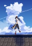  1girl absurdres animal bird black_hair black_skirt black_socks cloud commentary crow cumulonimbus_cloud day full_body gasubanana geta hat highres holding holding_animal holding_bird on_roof outdoors pom_pom_(clothes) puffy_short_sleeves puffy_sleeves red_hat shameimaru_aya short_hair short_sleeves skirt socks solo standing standing_on_one_leg tengu tengu-geta tokin_hat touhou 