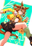 ahoge animal_ears bandeau bike_shorts bike_shorts_under_skirt blue_skirt braid breasts brown_hair commentary_request green_socks grin hair_between_eyes hair_ornament hairclip half_up_braid half_up_half_down_braid highres horse_ears horse_girl horse_tail jacket jewelry jungle_pocket_(champion's_battle_cry)_(umamusume) jungle_pocket_(umamusume) long_sleeves looking_at_viewer medium_hair midriff navel notched_ear open_clothes open_mouth single_loose_sock skirt small_breasts smile socks sonna877san tail teeth umamusume yellow_bandeau yellow_eyes yellow_jacket 