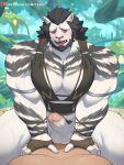 anal anal_penetration armband balls beard black_body black_fur black_hair black_stripes blush bodily_fluids bottomless brown_clothing brown_gloves brown_handwear clothed clothing cowgirl_position duo erection facial_hair fangs felid final_fantasy final_fantasy_xiv final_fantasy_xiv:_shadowbringers fingerless_gloves from_front_position fur genital_fluids genitals glans gloves hair handwear hi_res hrothgar human humanoid_genitalia humanoid_penis male male/male male_penetrated male_penetrating male_penetrating_male mammal muscular muscular_human muscular_male obscured_penetration on_bottom on_top open_mouth outside_sex patreon patreon_logo pecs penetration penile penile_penetration penis penis_in_ass plant precum runar_(ffxiv) sex square_enix stripes sweat teeth tevit_15 text tongue tongue_out tree url whiskers white_body white_fur yellow_eyes