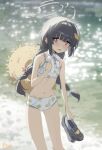  1girl absurdres bikini black_hair blue_archive blush braid commentary crocs halo hat hat_on_back highres holding holding_sandals leaf_print long_hair looking_at_viewer miyu_(blue_archive) miyu_(swimsuit)_(blue_archive) official_alternate_costume official_alternate_hairstyle open_mouth p1n red_hair sandals solo straw_hat swimsuit twin_braids white_bikini white_halo 