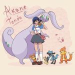  1girl ;p bag belt black_eyes blue_hair blue_shirt brown_belt brown_eyes brown_shoes buizel character_name commentary crossover english_commentary goodra green_eyes grey_skirt highres morpeko morpeko_(hangry) on_shoulder one_eye_closed petting pink_bag pokemon pokemon_(creature) pokemon_on_shoulder ranma_1/2 red_eyes riolu shirt shoes skirt socks teddiursa tendou_akane tepig tongue tongue_out white_socks wolfiverse 