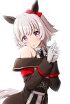  1girl animal_ears bare_shoulders blush bow breasts coat commentary_request curren_chan_(fille_eclair)_(umamusume) curren_chan_(umamusume) dress ear_bow ear_covers gloves grey_hair horse_ears horse_girl horse_tail kayama_kenji long_sleeves looking_at_viewer off-shoulder_coat off-shoulder_dress off-shoulder_jacket off_shoulder parted_lips purple_eyes red_bow short_hair simple_background solo striped_clothes striped_dress tail umamusume vertical-striped_clothes vertical-striped_dress white_background white_gloves 