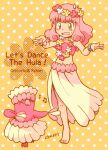  1boy 1other alternate_hair_color alternate_hairstyle ash_ketchum ashley_(pokemon) ashley_(pokemon_bw098) barefoot bracelet brown_eyes chappy_(kanata218) closed_eyes commentary_request dancing embarrassed english_text flower flower_bracelet flower_necklace head_wreath highres jewelry lei long_skirt midriff musical_note navel orange_background oricorio oricorio_(baile) pink_hair pink_tube_top pokemon pokemon_(anime) pokemon_(classic_anime) pokemon_(creature) pokemon_sun_and_moon polka_dot polka_dot_background signature skirt strapless sweatdrop trap tube_top white_skirt z-ring 