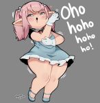 biped blue_clothing blush clothed clothing dress female final_fantasy final_fantasy_xiv footwear gloves hair handwear hi_res humanoid_pointy_ears lalafell laugh not_furry pink_hair pointy_ears rosalynn_cosmos shoes shortstack simple_background solo square_enix text thick_thighs