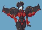  1girl airplane_wing blue_background blue_eyes bootscoot commentary crotch_plate flame_toys flame_toys_windblade humanoid_robot mechanical_wings red_lips robot robot_girl transformers windblade wings 