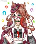  1girl animal_ears black_shirt bracelet braid breasts brown_hair choker commentary_request ears_through_headwear fang fedora forever_young_(racing)_(umamusume) forever_young_(umamusume) green_choker green_eyes hat highres horse_ears horse_girl horseshoe_background jacket jewelry long_hair looking_at_viewer midriff multicolored_hair necktie open_mouth red-tinted_eyewear red_jacket red_streaks revision roshiakouji-chan shirt skirt smile solo streaked_hair sunglasses tinted_eyewear umamusume white_necktie white_skirt white_streaks 