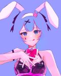  1girl animal_ear_hairband animal_ears black_leotard blending blue_background blue_eyes blue_hair bow bowtie commentary facial_mark fake_animal_ears hair_ornament hairband hatsune_miku hlk8fa leotard pink_bow pink_bowtie playboy_bunny rabbit_ear_hairband rabbit_ears rabbit_hair_ornament rabbit_hole_(vocaloid) solo teardrop_facial_mark tongue tongue_out vocaloid x_hair_ornament 