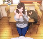  1girl 2boys :d aibanwork ayano_(the_married_woman_nextdoor_2) blush bra breasts brown_hair bulge chair cleavage denim earrings erection erection_under_clothes game_asset hand_to_own_mouth highres husband_and_wife indoors jeans jewelry large_breasts long_sleeves multiple_boys non-web_source off-shoulder_sweater off_shoulder official_art on_chair pants pov self-datamine shirt short_sleeves sitting sleeping smile standing sweater the_married_woman_nextdoor_2_-_creampie_sex_beside_her_husband underwear white_bra white_shirt wooden_chair wooden_floor 