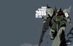  2015 beam_naginata beam_rifle character_name commentary_request dated dust_cloud energy_gun energy_sword english_text gelgoog glowing glowing_eye gundam happy_new_year holding holding_weapon ke_yukikaze mecha mecha_focus mobile_suit mobile_suit_gundam no_humans one-eyed original radio_antenna red_eyes redesign robot roundel running_towards_viewer science_fiction signature solo sword weapon zeon 