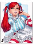  1girl artist_name blue_background blue_eyes blue_gem blue_shirt border bow breasts commentary dress earrings english_commentary freckles frilled_dress frilled_shirt_collar frilled_skirt frilled_sleeves frills gem hair_bow hand_on_own_cheek hand_on_own_face jacket jewelry long_hair long_sleeves looking_at_viewer makeup marker_(medium) mascara medium_breasts omar_dogan pantyhose pink_lips puffy_short_sleeves puffy_sleeves red_hair red_pantyhose shirt short_sleeves sitting skirt solo striped_clothes striped_pantyhose striped_shirt striped_thighhighs swept_bangs teeth thighhighs traditional_media two-tone_background upper_teeth_only vertical-striped_clothes vertical-striped_shirt wendy's wendy_(wendy's) white_background white_border white_pantyhose white_shirt 