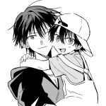  2boys :d arms_around_neck backwards_hat baseball_cap blush brothers carrying cheek-to-cheek child child_carry choppy_bangs closed_mouth commentary cowboy_shot echizen_ryooga echizen_ryooma fingernails from_side greyscale hair_between_eyes half-siblings hat hatching_(texture) heads_together highres hood hood_down hooded_shirt jewelry light_smile linear_hatching looking_at_viewer male_focus monochrome multiple_boys necklace official_alternate_costume one_eye_closed open_mouth overalls portrait raised_eyebrows shirt short_hair short_sleeves siblings sideways_glance simple_background smile t-shirt tennis_no_ouji-sama time_paradox v-shaped_eyebrows very_short_hair white_background yusuke_(yu1512324) 