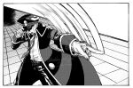  1boy belt border coat collared_shirt commentary_request gloves greyscale hat highres ingo_(pokemon) long_sleeves male_focus monochrome motion_lines necktie open_mouth peaked_cap pokemon pokemon_black_and_white shirt short_hair solo tile_floor tiles vodka_(kahlua_and_gin) 