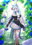 1girl absurdres animal_ears arch asymmetrical_gloves asymmetrical_sleeves bare_shoulders black_dress black_gloves blue_hair blush braid breasts center_frills commentary_request crown_braid dress ear_ribbon flower frills gloves highres holding holding_paintbrush horse_ears horse_girl horse_tail long_hair looking_at_viewer medium_breasts mejiro_ardan_(crystalline)_(umamusume) mejiro_ardan_(umamusume) off-shoulder_dress off_shoulder open_mouth paint_can paintbrush purple_eyes sign smile solo tail tama_sera279 umamusume white_gloves 