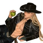  1boy abs ball beard_stubble belt black_hat black_jacket black_nails black_pants blonde_hair bridal_gauntlets brown_belt chain commentary corrupted_twitter_file cross ear_piercing earclip earrings english_commentary facial_hair gold_teeth green_eyes grey_bridal_gauntlets gyro_zeppeli hand_up hat henoopd highres holding holding_ball jacket jewelry jojo_no_kimyou_na_bouken lips long_hair looking_to_the_side lying making-of_available male_focus nose on_side open_clothes open_jacket pants parted_lips pectoral_cleavage pectorals piercing ribs simple_background solo steel_ball_(jojo) steel_ball_run stubble toned toned_male white_background 