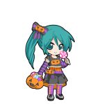  1girl aqua_eyes aqua_hair arm_warmers belt black_bow black_outline black_shirt black_shoes black_shorts blush bow candy chibi chibi_only closed_mouth cropped_shirt food full_body game_asset hair_bow halloween halloween_bucket hand_up hatsune_miku hatsune_miku_graphy_collection holding holding_candy holding_food holding_halloween_bucket holding_lollipop layered_sleeves lollipop looking_at_viewer orange_shirt outline overskirt pantyhose puffy_sleeves pumpkin_print purple_belt purple_pantyhose shirt shoes short_hair short_sleeves shorts smile solo standing striped_arm_warmers striped_clothes striped_shirt transparent_background vocaloid 