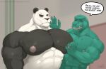  2026 5_fingers abs anthro bear beastars big_muscles big_pecs black_body black_claws black_eyes black_fur black_nose cheek_scar cigar cigar_in_mouth claws clothed clothing dialogue digital_drawing_(artwork) digital_media_(artwork) duo empty_eyes english_description english_text exclamation_point eye_scar eyes_closed facial_scar fingers fur giant_panda gosha_(beastars) gouhin_(beastars) green_body green_scales hi_res jabuhusky komodo_dragon lizard male mammal monitor_lizard muscular muscular_anthro muscular_arms muscular_male nipples object_in_mouth pecs pink_nipples reptile scales scalie scar sharp_teeth smile speech_bubble talking_to_another teeth text topless topless_anthro topless_male touching_chest vein veiny_muscles white_body white_fur 