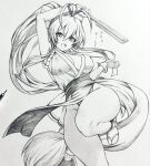  1girl breasts cleavage commentary_request covered_nipples greyscale highres japanese_clothes kimono large_breasts long_hair monochrome seishun_dendeke shiranui_mai solo the_king_of_fighters traditional_media 