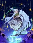  1boy 1girl cape cloak cloud coco_(tongari_boushi_no_atelier) conical_hat crying dress flying from_side full_body green_hair grey_cloak grey_dress hat hat_tassel highres hug ink_(inkypyon) medium_hair night pince-nez qifrey_(tongari_boushi_no_atelier) short_hair skirt sky sparkle star_(sky) starry_sky teacher_and_student tongari_boushi_no_atelier white_hair white_skirt wizard wizard_hat 