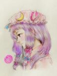  1girl blue_bow bow commentary_request crescent crescent_hat_ornament hair_bow hat hat_ornament highres long_hair mob_cap patchouli_knowledge pink_bow pink_hat pink_shirt profile purple_eyes purple_hair q-bee_(aaru) shirt sidelocks solo touhou traditional_media upper_body yellow_background 