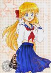  1girl aino_minako animal animal_on_shoulder arm_behind_back artemis_(sailor_moon) artist_name bag bishoujo_senshi_sailor_moon black_bag blue_sailor_collar blue_skirt bow briefcase cat cat_on_shoulder comedic_sweatdrop commentary cowboy_shot fukatsuki_mizuki gingham_background hair_bow hand_up highres holding holding_bag long_hair looking_at_another looking_at_viewer midriff navel neckerchief no_dickey open_mouth pleated_skirt red_bow red_neckerchief sailor_collar school_briefcase school_uniform serafuku shiba_koen_middle_school_uniform shirt skirt smile standing star_(symbol) traditional_media watermark white_cat white_shirt 