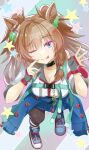  0niq 1girl absurdres animal_ears black_pantyhose blast_onepiece_(racing)_(umamusume) blast_onepiece_(umamusume) blue_eyes blush braid braided_sidelocks breasts brown_hair cleavage closed_mouth clothes_around_waist commentary_request fingerless_gloves gloves grey_gloves hair_between_eyes hair_ornament highres horse_ears horse_girl jacket large_breasts long_hair looking_at_viewer one_eye_closed pantyhose revision shoes sidelocks smile solo star_(symbol) tongue tongue_out twintails umamusume white_jacket 