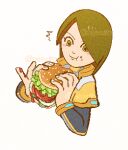  1girl asaori20 bacon blush brown_eyes brown_hair burger cheese closed_mouth commentary_request eating food food_on_face green_eyes holding holding_burger holding_food ketchup lettuce long_sleeves lowres medium_hair mii_(nintendo) mii_gunner mii_gunner_(smash_ultimate) pixel_art short_hair simple_background solo super_smash_bros. tomato twitter_username upper_body white_background 