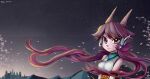  1girl black_nose cherry_blossoms dragon dragon_girl earphones eastern_dragon freedom_planet freedom_planet_2 furry furry_female highres horns long_hair night nikoyosan pink_eyes purple_hair sash_lilac solo star_(sky) twintails 