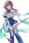  1girl aqua_ribbon arm_bow arm_ribbon breasts bridal_gauntlets brown_eyes brown_hair cleavage commentary_request detached_sleeves floating_hair floating_ribbon hairband highres holding holding_sword holding_weapon jian_(weapon) long_sidelocks looking_at_viewer mahos_san medium_breasts medium_hair open_mouth ribbon short_sleeves sidelocks simple_background smile solo soulcalibur soulcalibur_vi sword sword_tassel tassel upper_body weapon weapon_tassel white_background wispy_bangs 