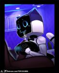 anthro bellabot big_breasts black_border black_bow_tie black_eyes blue_nose blue_sclera bodily_fluids border bow_tie breast_play breasts cum cum_on_breasts cum_on_face dark_body dark_skin domestic_cat duo felid feline felis female front_view genital_fluids genitals glowing glowing_nipples hi_res human inverted_nipples kerfus male male/female mammal nipples penis robot_anthro screen screen_face sex sex_toy titfuck tofuuu white_body