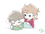  2boys antenna_hair blanket blush brown_hair closed_eyes commentary covering_with_blanket deformed drawstring drooling edd_(eddsworld) eddsworld flipped_hair green_hoodie hair_behind_ear hair_ears highres holding holding_blanket hood hood_down hoodie long_sleeves looking_at_another male_focus multiple_boys open_mouth red_eyes red_hoodie roshii_(roshi_loshi_641) short_hair signature simple_background sleeping swept_bangs tord_(eddsworld) white_background zzz 