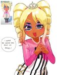  1girl :3 :d blonde_hair blue_eyes blue_eyeshadow blush crown dark-skinned_female dark_skin dress drill_hair english_text eyeshadow gyaru highres humanization jewelry long_hair long_sleeves looking_at_viewer makeup mii_(nintendo) mole mole_under_eye nail_polish necklace open_mouth own_hands_together paobebebe pink_dress pink_eyeshadow pink_nails purple_eyeshadow purple_nails reference_inset simple_background smile solo speech_bubble striped_clothes striped_dress tiara tomodachi_life tomodachi_life:_living_the_dream twin_drills twintails vertical-striped_clothes vertical-striped_dress white_background 
