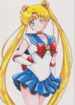  1girl ;) absurdres arm_behind_back back_bow bishoujo_senshi_sailor_moon blonde_hair blue_eyes blue_sailor_collar blue_skirt bow breasts chikoto_(kztc4472) choker circlet closed_mouth collarbone commentary cowboy_shot crescent crescent_choker crescent_earrings curtained_hair double_bun earrings elbow_gloves gem gloves gold_circlet hair_bun hair_ornament highres jewelry legs_together leotard lone_nape_hair long_hair looking_at_viewer magical_girl medium_breasts miniskirt one_eye_closed paper_texture parted_bangs photo_(medium) pleated_skirt red_bow red_choker red_gem red_trim sailor_collar sailor_moon sailor_senshi_uniform short_sleeves simple_background skirt smile solo standing traditional_media transformation_brooch_(sailor_moon) tsukino_usagi twintails very_long_hair white_background white_gloves white_leotard 