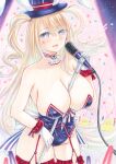 1girl animal_ears azur_lane blonde_hair blue_leotard breasts cleavage commentary_request facial_mark fake_animal_ears frilled_leotard frills garter_straps gloves guam_(azur_lane) guam_(stage-setting_charmer)_(azur_lane) hat heart heart_facial_mark heart_sticker highres holding holding_microphone_stand leotard long_hair manjuu_(azur_lane) marker_(medium) microphone_stand microphone_stand_between_breasts official_alternate_costume open_mouth playboy_bunny purplepencil rabbit_ears red_garter_straps sample_watermark star-shaped_pupils star_(symbol) sticker symbol-shaped_pupils top_hat traditional_media very_long_hair watermark white_gloves 