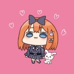  1girl :3 akino_ell belt belt_buckle black_belt black_boots black_bow black_shirt black_skirt blue_eyes boots bow buckle chibi closed_mouth clothing_cutout commentary_request fishnet_pantyhose fishnets go-toubun_no_hanayome hair_bow hair_ornament heart holding holding_stuffed_toy lace-up_boots long_sleeves nakano_yotsuba orange_hair pantyhose pink_background pleated_skirt rabbit_hair_ornament shirt shoulder_cutout simple_background skirt solo stuffed_animal stuffed_rabbit stuffed_toy x_mouth 