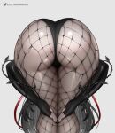  1girl ass ass_focus bent_over black_gloves black_hair black_leotard black_nails colored_skin fingerless_gloves fishnet_pantyhose fishnets gloves grey_skin hanael_ward huge_ass indie_virtual_youtuber layna_lazar leotard long_hair pantyhose thighs torn_clothes torn_pantyhose virtual_youtuber white_background 