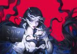  1girl absurdres black_hair blouse blue_eyes character_name collarbone feng-buqi finger_to_mouth floating_hair gem hair_between_eyes highres holding_with_tentacle juliet_sleeves lips long_hair long_sleeves looking_at_viewer low_neckline material_growth nail_polish path_to_nowhere pointing pointing_at_viewer puffy_sleeves red_background red_nails shin_(path_to_nowhere) shirt sign simple_background smile solo straight_hair tentacles torn_clothes torn_shirt upper_body very_long_hair white_shirt 