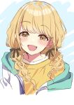  1girl absurdres blonde_hair blush braid brown_ribbon commentary_request cropped_torso fang fujita_kotone gakuen_idolmaster hair_ribbon highres idolmaster jacket long_hair looking_at_viewer multicolored_jacket ribbon shirt smile solo tottoto_tomekichi twin_braids upper_body yellow_eyes yellow_shirt 
