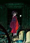  1girl absurdres analog_clock blurry blurry_foreground brown_hair clock commentary_request copyright_name cuckoo_clock depth_of_field doll doll_head expressionless first_aid_kit frog from_behind golf_club green_background grey_eyes highres indoors japanese_clothes kimono kurame kusari_hime:_euthanasia logo long_sleeves looking_at_viewer mizuhiki nakamura_tetsuya obi official_art plant propane_tank purple_sash red_kimono red_pupils red_sleeves rust sash solo_focus standing wheel wide_sleeves window 