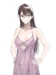  1girl bang_dream! bang_dream!_it's_mygo!!!!! breasts brown_hair cleavage closed_mouth dress feiyu30903448 hands_on_own_hips highres large_breasts long_hair mole mole_under_eye photo-referenced purple_eyes shiina_taki simple_background sleeveless sleeveless_dress solo white_background 