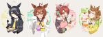  4girls agnes_tachyon_(tach-nology)_(umamusume) agnes_tachyon_(umamusume) ahoge animal_ears birthday black_necktie black_shirt black_shrug breasts brown_eyes brown_hair cake cake_slice checkered_ribbon collared_shirt commentary_request cupcake dantsu_flame_(center_spotlight)_(umamusume) dantsu_flame_(umamusume) ear_covers ear_ribbon earrings food fruit hair_between_eyes hairband happy_birthday highres holding holding_plate holding_test_tube horse_ears horse_girl jam_(umamusume) jewelry lab_coat lapels large_breasts licking_lips looking_at_viewer medium_hair multicolored_hair multiple_girls necktie notched_lapels open_mouth pink_hairband plate red_eyes shirt short_necktie shrug_(clothing) sidelocks single_earring sleeves_past_fingers sleeves_past_wrists smile strawberry sweater_vest teeth test_tube tongue tongue_out umamusume umamusume:_beginning_of_a_new_era upper_body white_background white_hair wide_sleeves yamawasabi_umai yellow_sweater_vest 