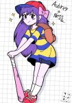  1girl alternate_eye_color aubrey_(headspace)_(omori) aubrey_(omori) backpack bag baseball_bat baseball_cap bike_shorts black_eyes black_shorts blue_shirt blush bow bright_pupils brown_bag character_name closed_mouth colored_skin commentary cosplay double-parted_bangs english_commentary full_body hair_between_eyes hair_bow hat highres holding holding_baseball_bat long_hair long_shirt looking_at_viewer mother_(series) mother_2 ness_(mother_2) ness_(mother_2)_(cosplay) nrdeluxe omori pink_bow purple_hair red_hat red_shoes shirt shoes short_sleeves shorts sidelocks smile sneakers socks solo striped_clothes striped_shirt two-tone_shirt white_pupils white_skin white_socks yellow_shirt 
