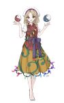  1girl absurdres barefoot blonde_hair brown_eyes check_commentary commentary_request earrings hat highres jewelry kashiwada_kiiho magatama medium_hair orange_skirt orb puffy_short_sleeves puffy_sleeves purple_sash red_shirt sash shirt short_sleeves simple_background skirt solo tamatsukuri_misumaru touhou white_background white_hat white_shirt yin_yang yin_yang_orb 